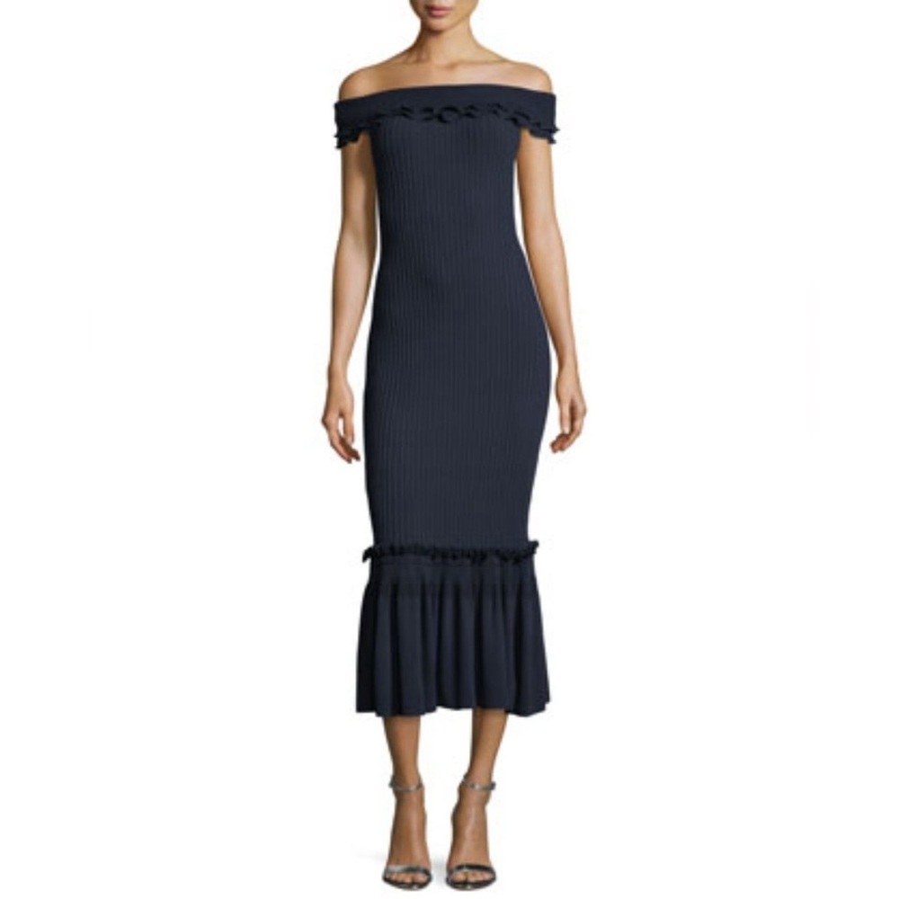 Jonathan Simkhai | Off-the-Shoulder Ribbed Midi Dress w/ Ruffled Trim
